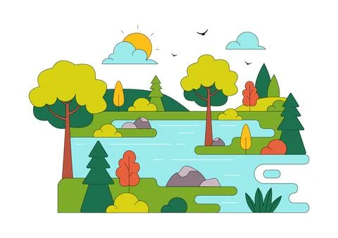River Landscape Vector Illustration featuring Mountain View, Green Fields, .. Stock Illustration