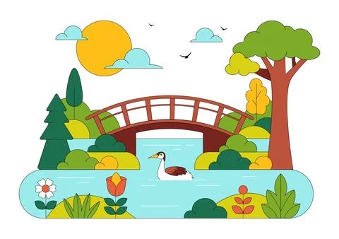 River Landscape Vector Illustration featuring Mountain View, Green Fields, .. Stock Illustration