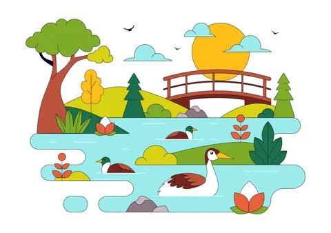 River Landscape Vector Illustration featuring Mountain View, Green Fields, .. イラスト素材