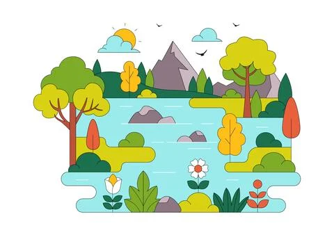 River Landscape Vector Illustration featuring Mountain View, Green Fields, .. イラスト素材