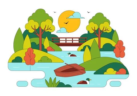 River Landscape Vector Illustration featuring Mountain View, Green Fields, .. イラスト素材