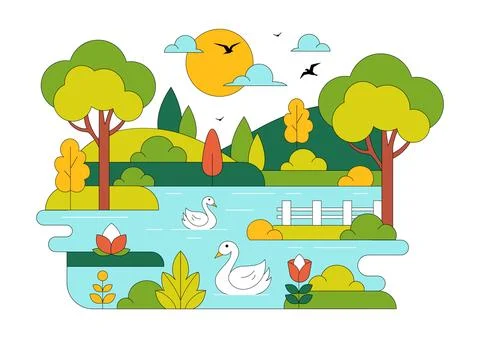 River Landscape Vector Illustration featuring Mountain View, Green Fields, .. Stock Illustration