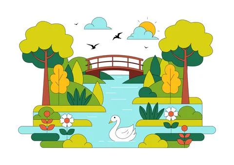 River Landscape Vector Illustration featuring Mountain View, Green Fields, .. Stock Illustration