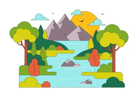 River Landscape Vector Illustration featuring Mountain View, Green Fields, .. イラスト素材