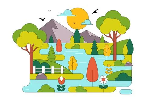River Landscape Vector Illustration featuring Mountain View, Green Fields, .. イラスト素材