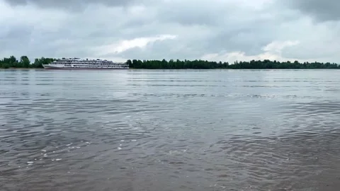 River landscape with white ship. Blue sky, summer. Video stock 157914569