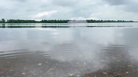 River landscape with white ship. Blue sky, summer. Stock Footage 159200635