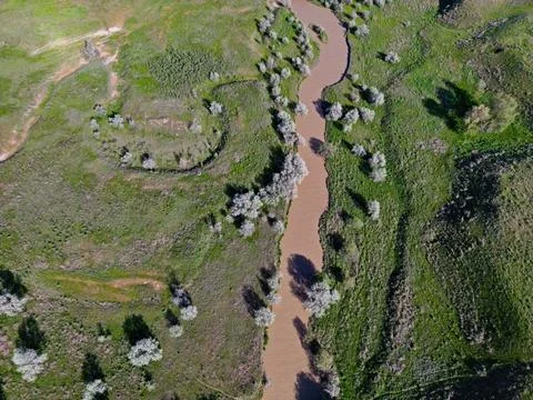 The river is in a large field Stockfoto's