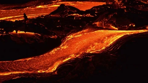 River of lava 5 Night Glowing Hot flow from Kilauea Active Volcano Puu Oo Vent Stock Footage 81859342