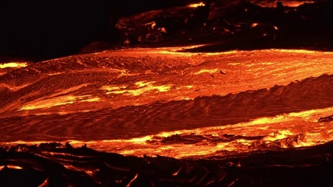 River of lava 6 Night Glowing Hot flow from Kilauea Active Volcano Puu Oo Vent Video stock 81859614