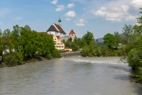 The river Lech in Germay in spring time with Franziskanerkloster in the City Stock Photos