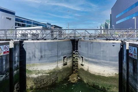 The River Liffey flood gates in Dublin. Ireland. Stock Photos
