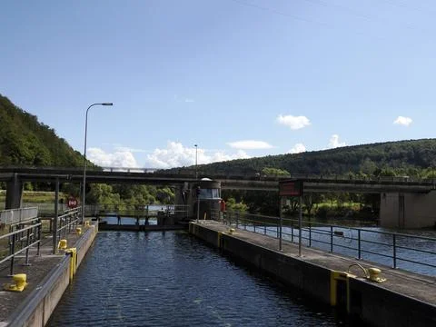 River Lock Gate on the Fulda River in Germany Stock Photos