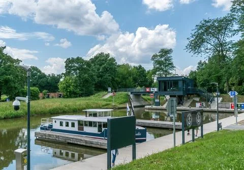 River Lock System Control House Boat Waterway Clouds Trees 스톡 사진