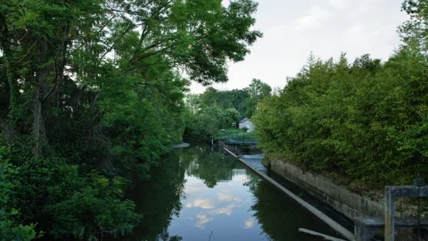 A river lock time lapse view with birds and clouds reflection on water Stock Footage 131264790