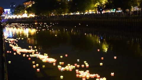 River of lotus lantern flowers Stock Footage 90345557