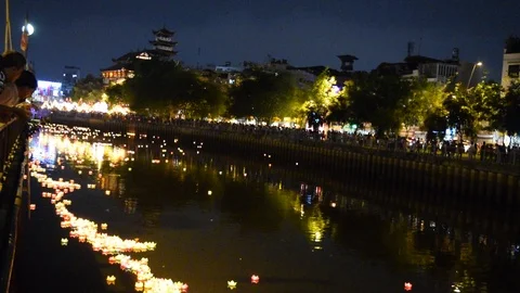 River of lotus lantern flowers Stock Footage 90345699