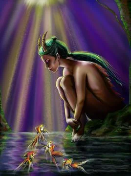 River maiden or conversation with fish  Stock Illustration