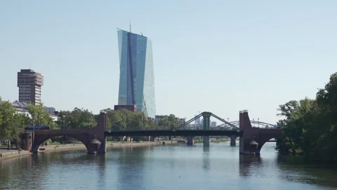 River Main Alte Brücke bridge ECB Tower European Central Bank, Frankfurt Stock Footage 280159998