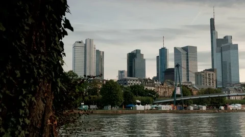 River Main, Frankfurt and Holbeinsteg Bridge Stock Footage