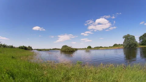 River, meadow, grass, spring, timelapse, sky, nature of northern Ukraine. Stock Footage 335593440