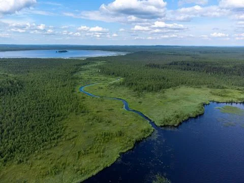 River meanders between two forest lakes. Panoramic aerial view Foto stock