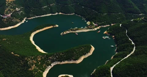 River Meandre On Hot Summer Day Villas Fishing Water Sports Aerial Scene Stock Footage 289417414