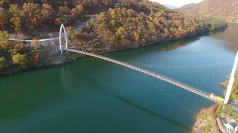 River with mountain and bridge, drone shot Video stock 303031575