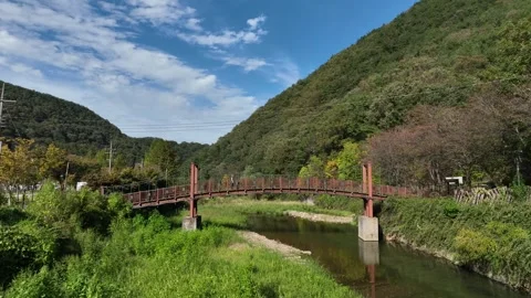 River with mountain and bridge Stock-Footage 303551099