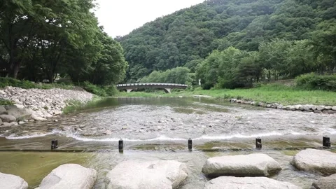  river with mountain and bridge Vídeo Stock 303882520