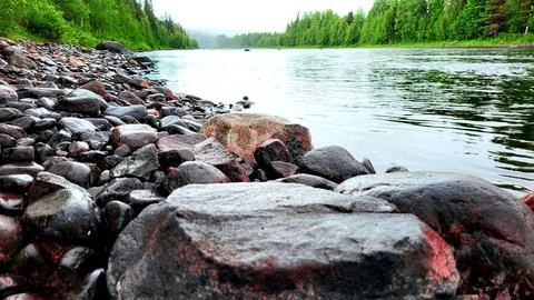 River in Mountain with a big stone Stock Photos