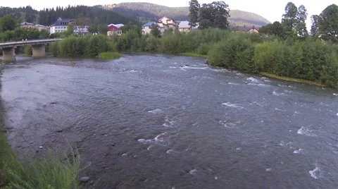  river in mountain settlement. Aerial  Stock Footage 43238269