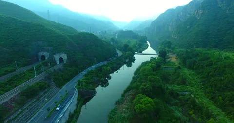 River  mountain train  morning Video stock 66496924