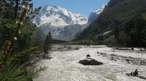 River in a mountain valley at the foot of Mount Ulla-tau, the Caucasus Stock Footage 40998527