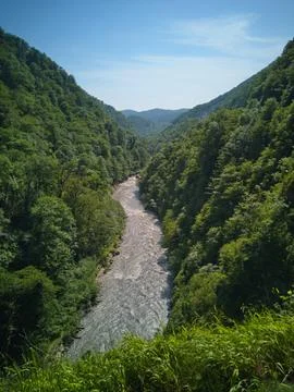 River in the mountains from above 스톡 사진