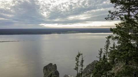 River, mountains and trees Stock Footage 104882490