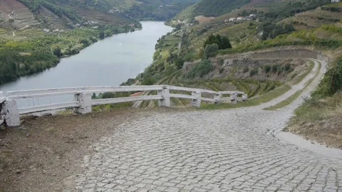 River, mountains, grape terraces, cobbled road. Stock Footage 80248744