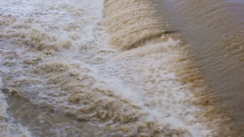 The river, muddy and overflowing after the rains Stock Footage 308358532