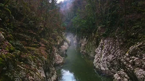 River in a narrow canyon with white rocks. Devils Gate Gorge. Drone view Video stock 196203386