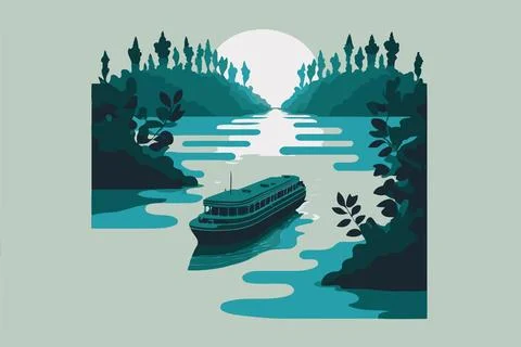 River in natural environment with an empty boat Stock Illustration