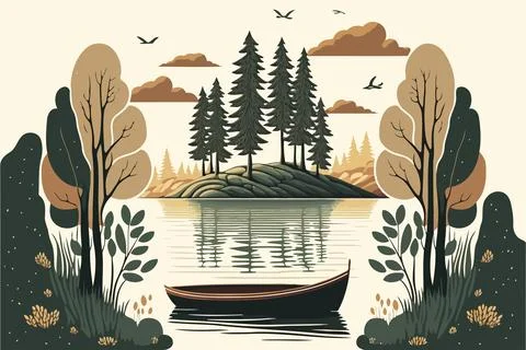 River in natural environment with an empty boat Stock Illustration