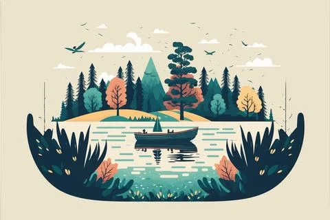 River in natural environment with an empty boat Stock Illustration