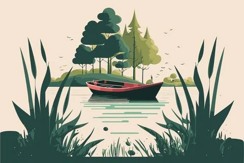 River in natural environment with an empty boat Stock Illustration