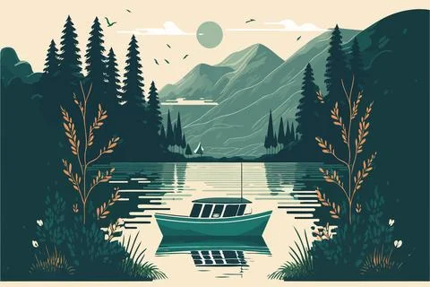 River in natural environment with an empty boat Stock Illustration