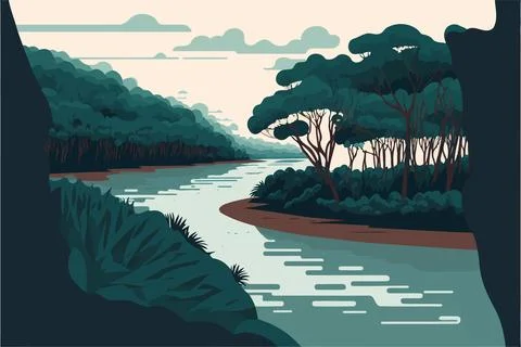 River in natural environment jungle Stock Illustration