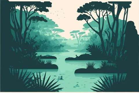 River in natural environment jungle Stock Illustration