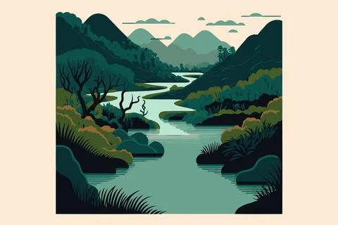 River in natural environment jungle Stock Illustration