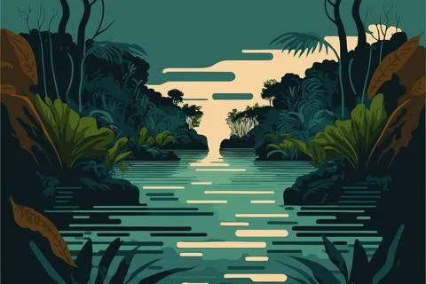 River in natural environment jungle Stock Illustration