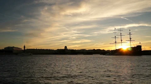 River Neva, view to Sailing Ship, timelapse, sunset Stock Footage 53574094