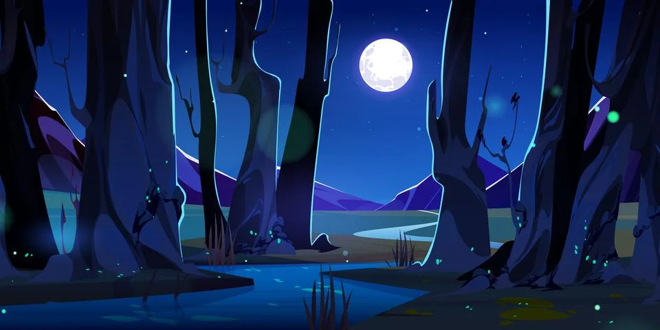 River in night magic forest and mountain nature Stock Illustration